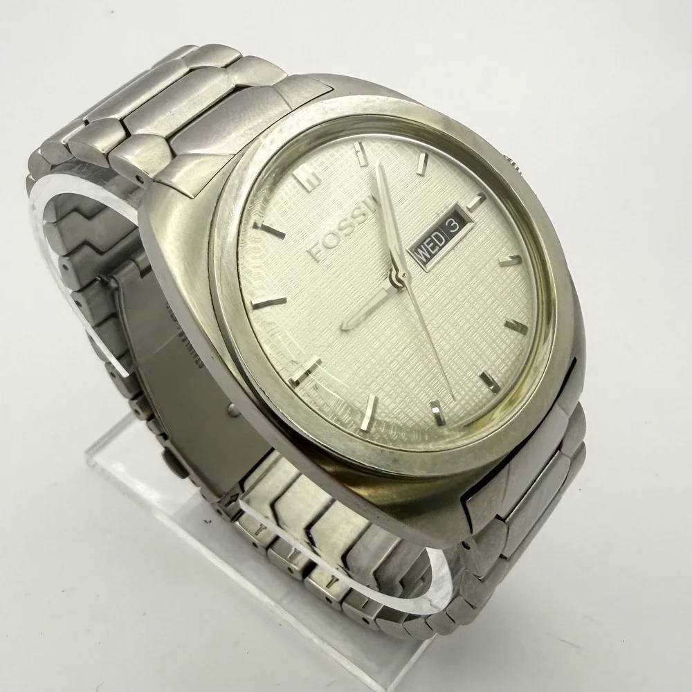 Fossil FS4053 Stainless Steel 40mm Day Date Silver Dial Mens Watch 50M new‎ batt